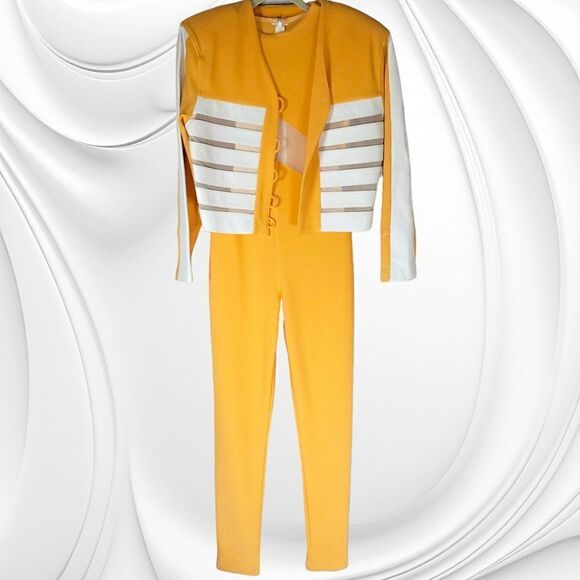 Andrea Isabella orange white leather sheer panel jumpsuit jacket set - Picture 1 of 9